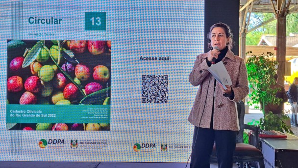 Pesquisadora Larissa Ambrosini, do DDPA/Seapdr, durante apresentação do Cadastro Olivícola 2022