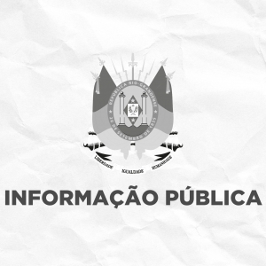Card com fundo branco em textura de papel amassado. Ao centro, aparece o bras&atilde;o do Estado do Rio Grande do Sul em tons de cinza, com espadas e canh&otilde;es estilizados ao fundo. Abaixo do bras&atilde;o, em destaque, est&aacute; a frase "INFORMA&Ccedil;&Atilde;O P&Uacute;BLICA" em letras mai&uacute;sculas, pretas e em negrito. A composi&ccedil;&atilde;o &eacute; minimalista, com bastante espa&ccedil;o em branco ao redor dos elementos centrais.

